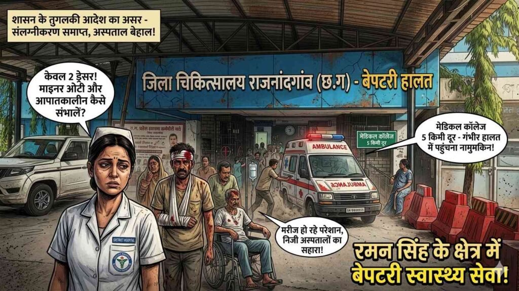 ⚠️ राजनांदगांव जिला अस्पताल बेपटरी: संलग्नीकरण समाप्ति के बाद इमरजेंसी व्यवस्था चरमराई, मरीज निजी अस्पतालों की ओर मजबूर addtext 04 24 12.59.53