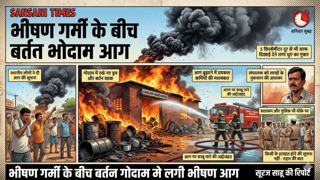भीषण गर्मी के बीच बर्तन गोदाम में लगी भीषण आग, लाखों के नुकसान की आशंका addtext 04 25 12.16.21