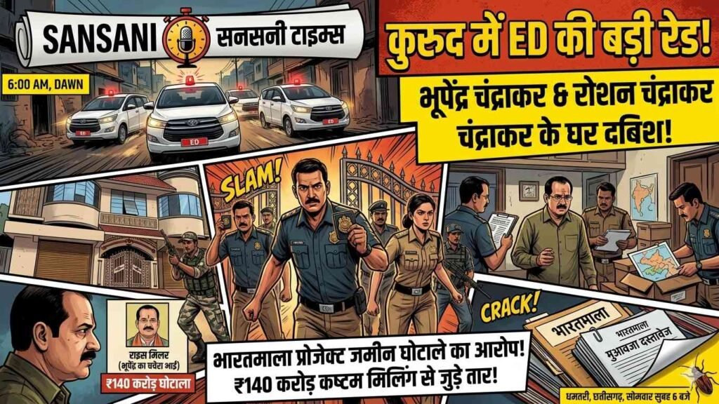 कुरुद में ED की बड़ी छापेमारी: भारतमाला प्रोजेक्ट जमीन घोटाले में भूपेंद्र चंद्राकर और रोशन चंद्राकर के ठिकानों पर दबिश addtext 04 27 02.03.10