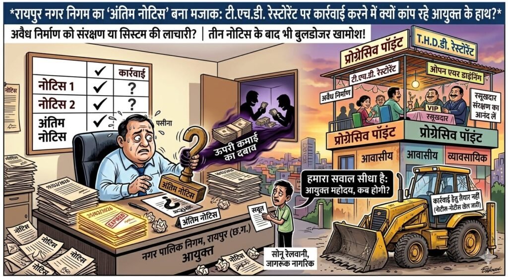 रायपुर नगर निगम का ‘अंतिम नोटिस’ बना मजाक: टी.एच.डी. रेस्टोरेंट पर कार्रवाई करने में क्यों कांप रहे आयुक्त के हाथ? img 20260428 wa0002