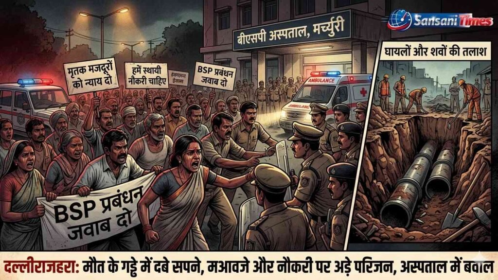 दल्लीराजहरा हादसे के बाद बवाल, मुआवजा और स्थायी नौकरी की मांग पर अड़े परिजन addtext 05 13 04.58.20