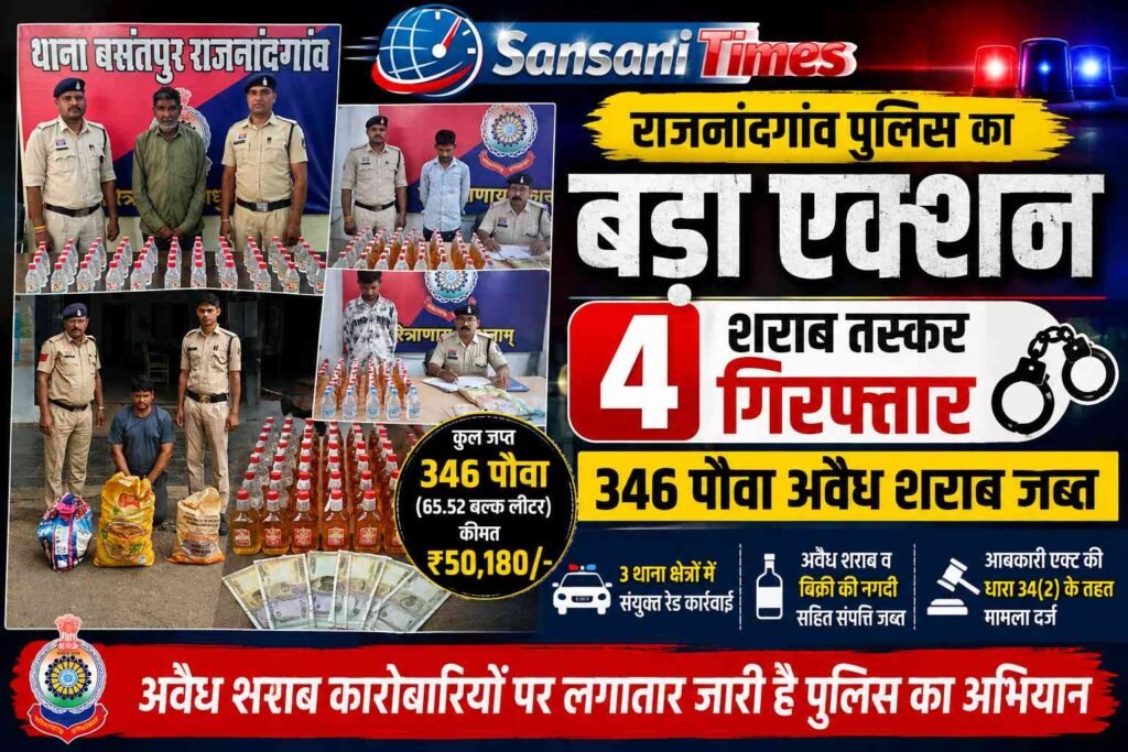 राजनांदगांव पुलिस का अवैध शराब कारोबार पर बड़ा प्रहार, 4 तस्कर गिरफ्तार; 346 पौवा शराब और ₹50 हजार से अधिक की संपत्ति जब्त addtext 08 07 04.04.00