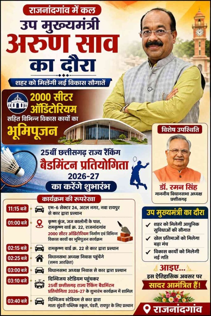 राजनांदगांव में कल उप मुख्यमंत्री अरुण साव का दौरा: 2000 सीटर ऑडिटोरियम समेत कई विकास कार्यों का करेंगे भूमिपूजन, बैडमिंटन प्रतियोगिता का करेंगे शुभारंभ addtext 08 08 09.42.26
